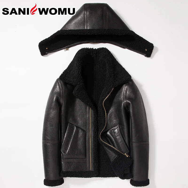 Black hooded B3 Fly Air Force летная куртка с капюшоном из натуральной кожи Мужская Черная коричневая овчина шуба зимняя куртка-бомбер утепленная куртка - Цвет: Black hooded