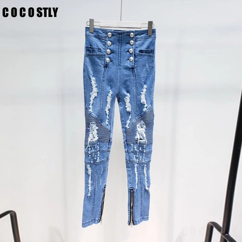 

Autumn Gold Lion Button Streetwear Jeans Women High Waist Ripped Jeans Personality Hole Denim Pants Distressed Pencil Jean Femme