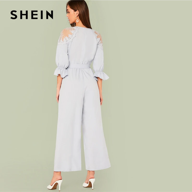 SHEIN синий сплошной v-образный вырез контрастные Кружева Открытые плечи комбинезон женский осенний рукав-Волан кнопка спереди элегантная рубашка комбинезоны