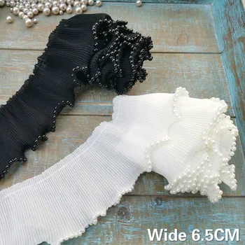 

6.5CM Wide White Black Pleated Chiffon Fabric Elastic Ruffle Lace Beads Fringe Trim Embroidered Ribbon Dress Collar Sewing Decor