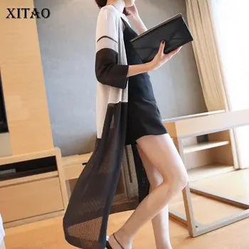 

XITAO Contrast Long Cardigan Women 2020 Spring Summer Knitwear Loose Plus Size Cropped Sleeve Thin Section Women Tops DMY4039