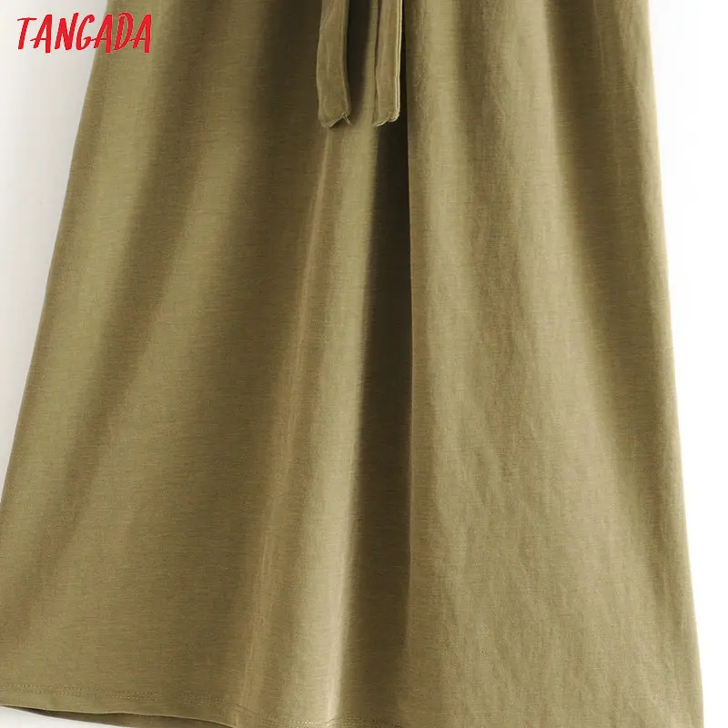Tangada Women solid amy green long jumpsuit short Sleeve v neck bow tie female casual Jumpsuit HY35