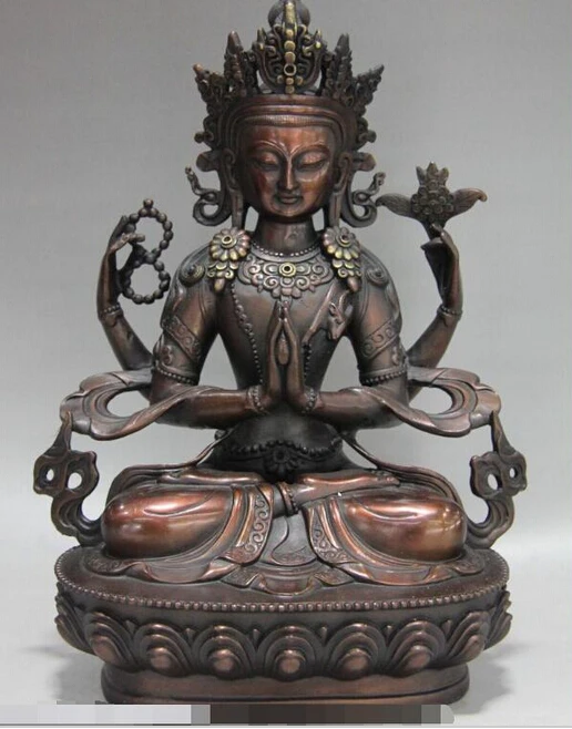 916+++Buddhism Red Copper Bronze Four arms GuanYin Kwan-yin Boddhisattva Buddha Statue | Дом и сад