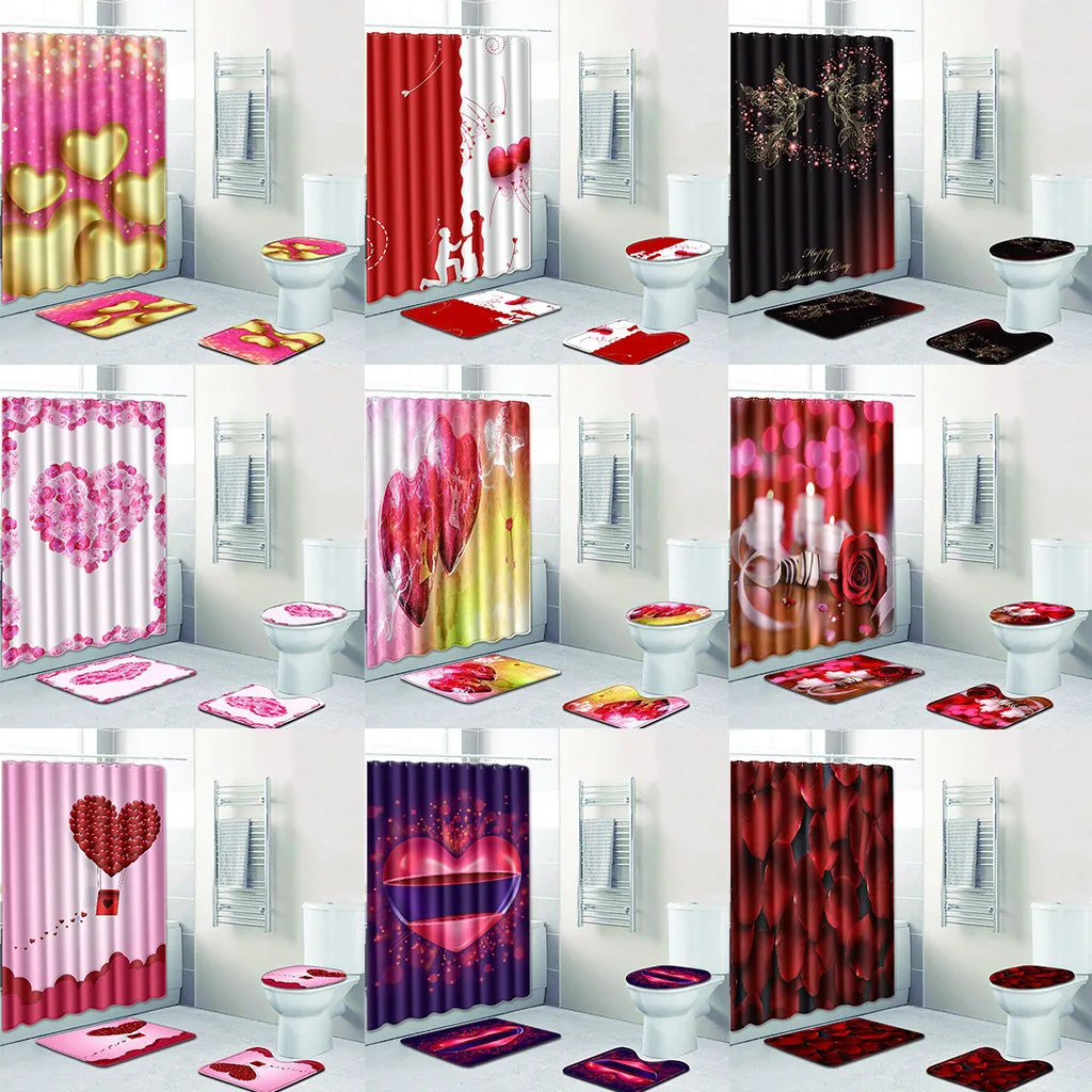 

Toilet cover 4PCS non-slip love pattern Shower curtain toilet seat 4 piece set L827