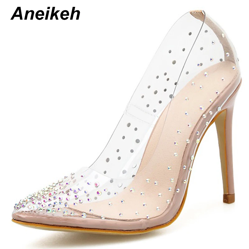 apricot Aneikeh/стразы; прозрачные туфли-лодочки из ПВХ; Каблук из плексигласа; стилеты на высоком каблуке с острым носком; женская обувь для вечеринок; туфли-лодочки для ночного клуба; 42 - Цвет: apricot