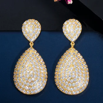 

CWWZircons Classic Long Big Water Drop Indian 18k Gold Luxury Micro Pave CZ Earrings Dubai Silver Bridal Wedding Jewelry CZ652