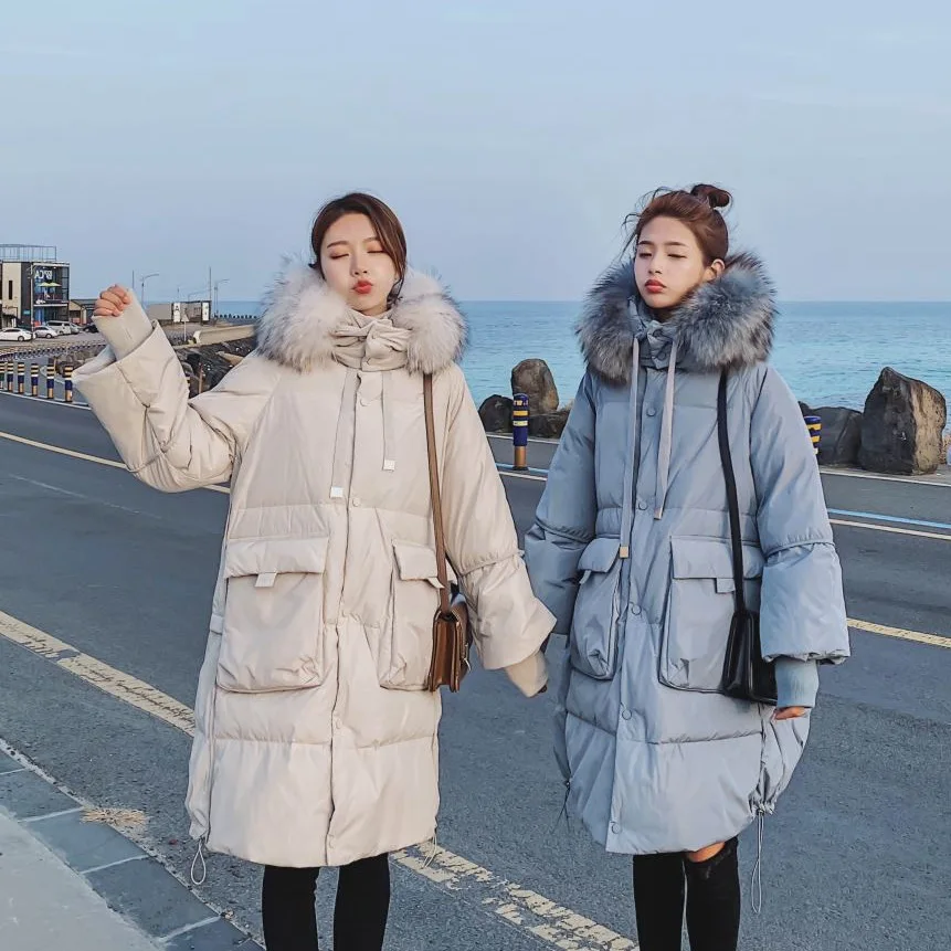 

Photo Shoot Main Push CHIC Simple Haze Blue Straight-Cut down Coat Hooded Large Fur Collar Drawstring Best Friend Cotton Overcoa