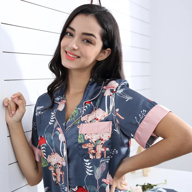 Шелковый Sleepweawr Pijama Mujer атласный женский набор пижам пижамы цветочный принт Ночное Белье для сна Lounge ночные рубашки домашняя одежда