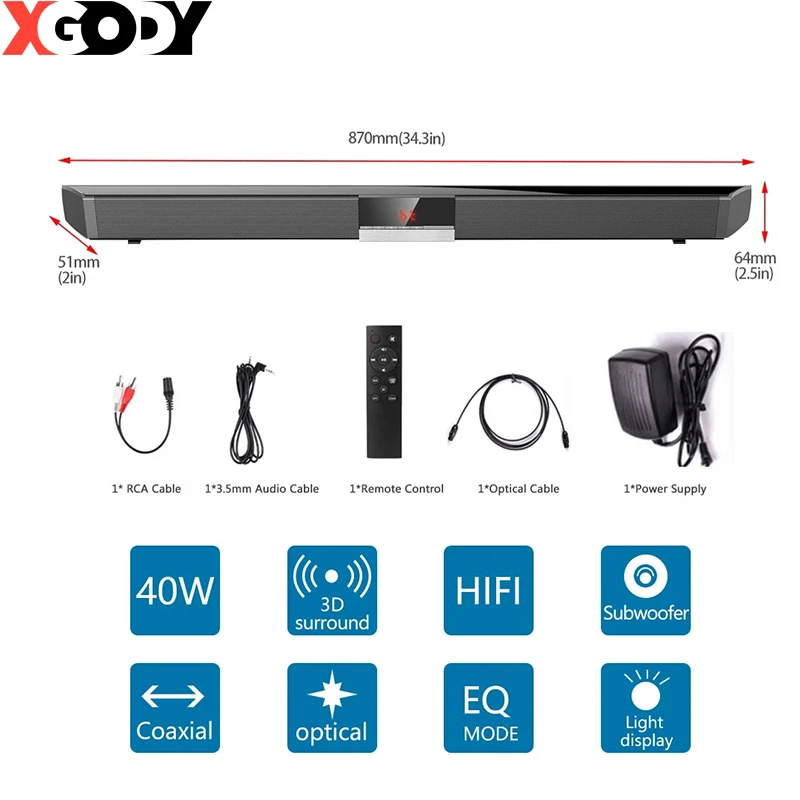 Саундбар XGODY SR100PLUS 40 Вт для телевизора домашнего кинотеатра с сабвуфером система