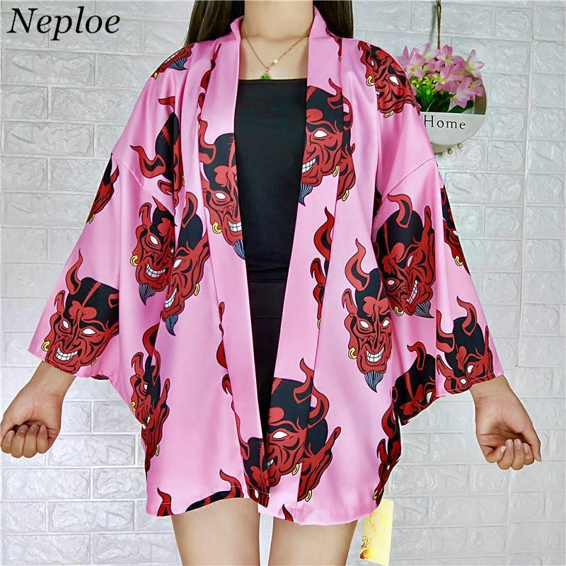 Neploe cárdigan tipo Kimono japonés para mujer, camisa con estampado de diablo Blusas protectoras para el sol, rosas sueltas de gasa 35587|Blusas y camisas| -