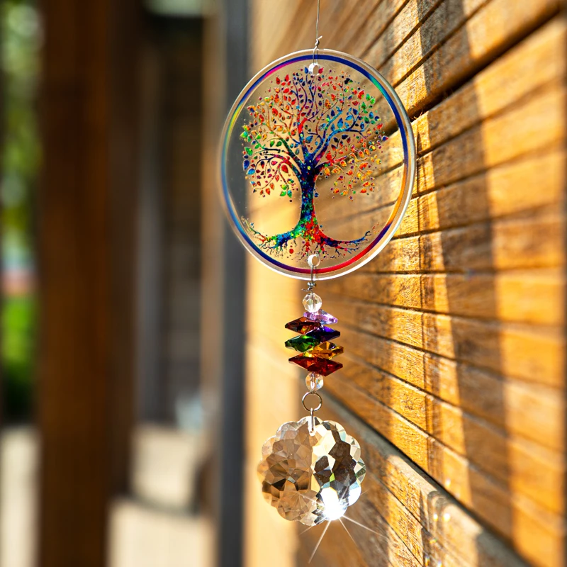 H&D Chakra Tree of Life Suncatcher Handmade Crystal Mandala Prism Decor Window Car Wall Art Hanging Ornament for Home Office sun catcher,sun catchers,window ornament