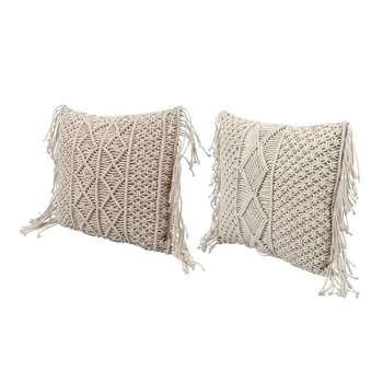 

2x Cotton Linen Macrame Hand-Woven Cotton Thread Pillow Covers Geometry Bohemia Cushion Covers Home Decor-B & D