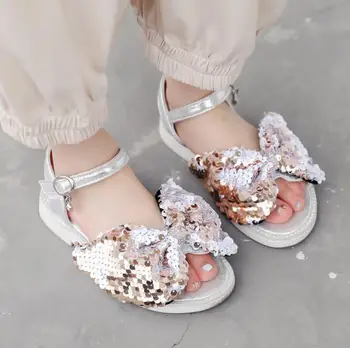 

2020 New Summer Girls Sandals Fashion Sequins Big Bowtie Princess Shoes Soft Leather Kids Beach Shoes For Baby Girls Size 21-30