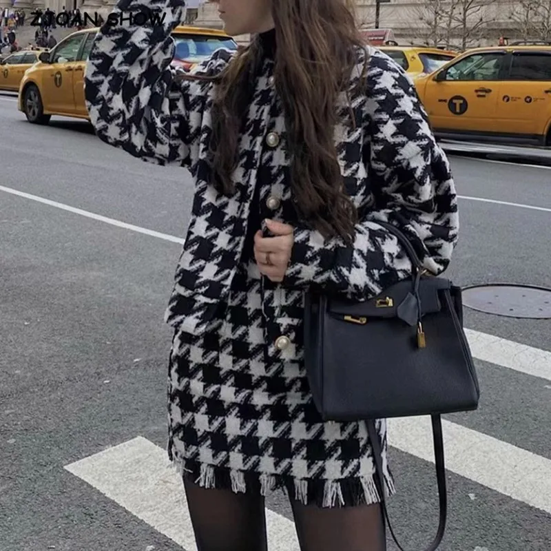 Vintage Sweet Women Pearl Button Black Check Gingham Plaid Blazer High Waist Mini Short Skirts Long Sleeve Suits 2 Pieces Set children s cow print bucket hat reversible panda print panama bucket hat bob chapeau femme black and white check bucket hat