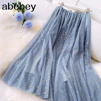 

2020 Summer Women Star Sequined Tulle Skirt Elastic High Waist Lurex Pleated Skirts Chic A-LINE Holiday Beach Tutu Skirt