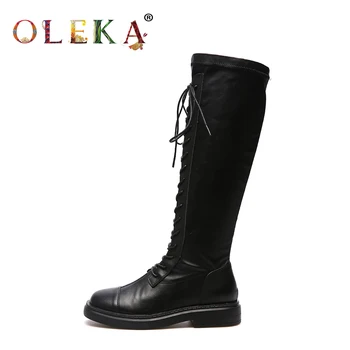 

OLEKA Knee-high Winter Ladies Boots Platform Rome Round Toe Leather Boots Women Punk Style Basic New AS511