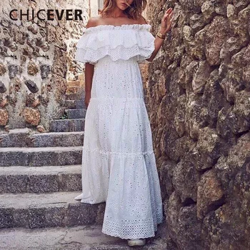 

CHICEVER Elegant Hollow Out Women Dress Slash Neck Off Shoulder Puff Sleeve High Waist Slim Maxi Dresses Female Fashion 2020