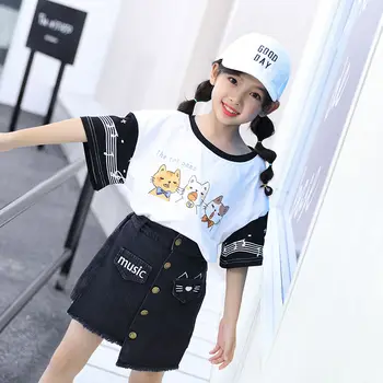 

Girl Clothing Sets 2020 Summer Cat Teen Girls Fashion School 2pcs Outfit Suit Tee Top Skirt Children Clothing 6 7 11 12 years