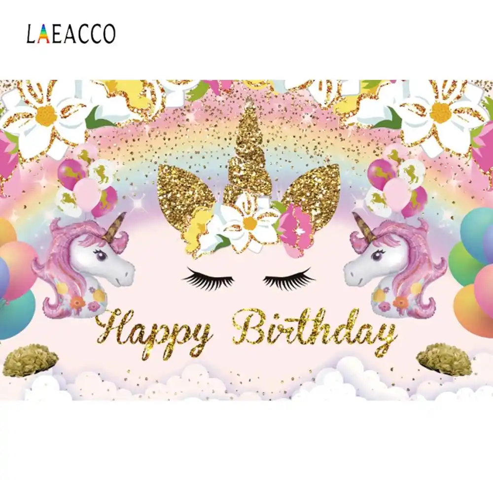 Laeacco Feliz Cumpleanos Unicornio Fiesta Arco Iris Globos Flor Golden Dots Bebe Nino Banner Fondo De Fotografia Telon De Fondo Aliexpress