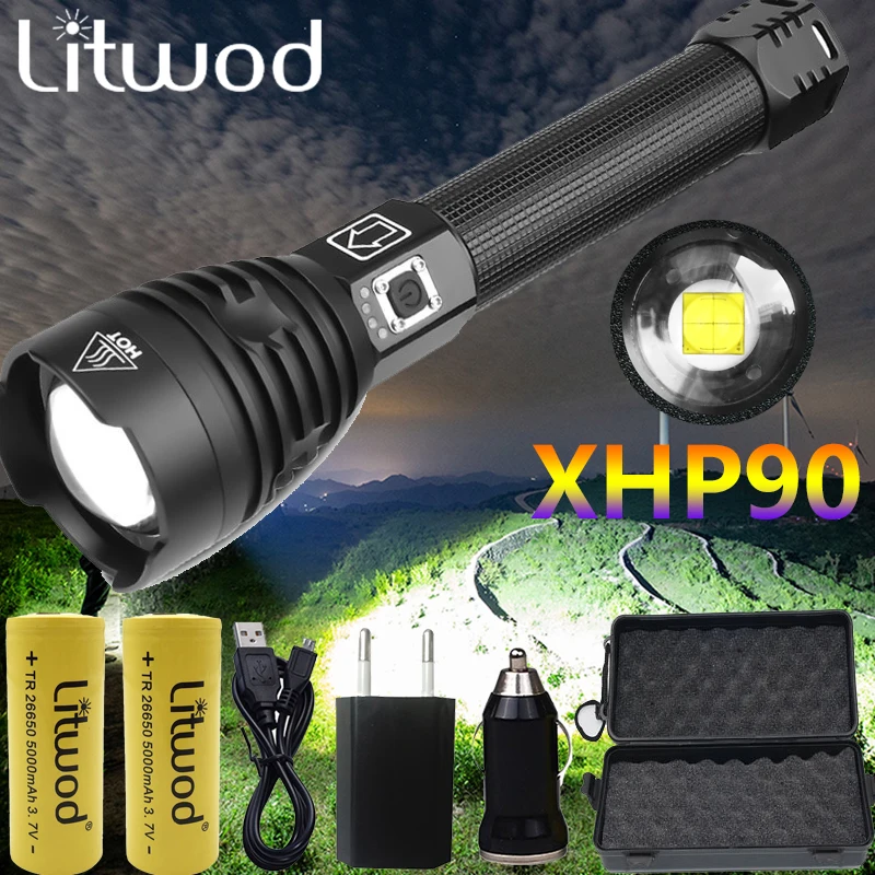 Najtaniej Najmocniejsza latarka XHP90 LED XLamp latarka z regulacją wiązki światła XHP70.2 USB akumulatorowa latarka taktyczna 18650 lub 26650 Camping latarka myśliwska