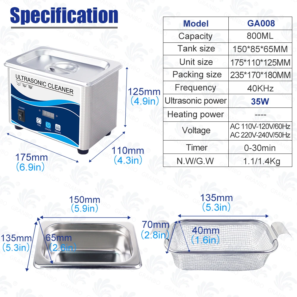 Household GA008 Ultrasonic Cleaner Stainless Steel Bath 60W Piezoelectric Transducer Glasses Cellphone Board Jewelry Washer