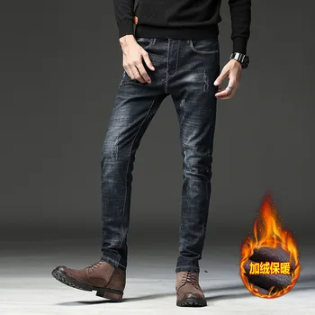 

Add Velvet Slim Feet Korean Fashion Autumn Winter Thick Warm Men's Pants Denim Black Distressed Jeans Man Pants Jeans