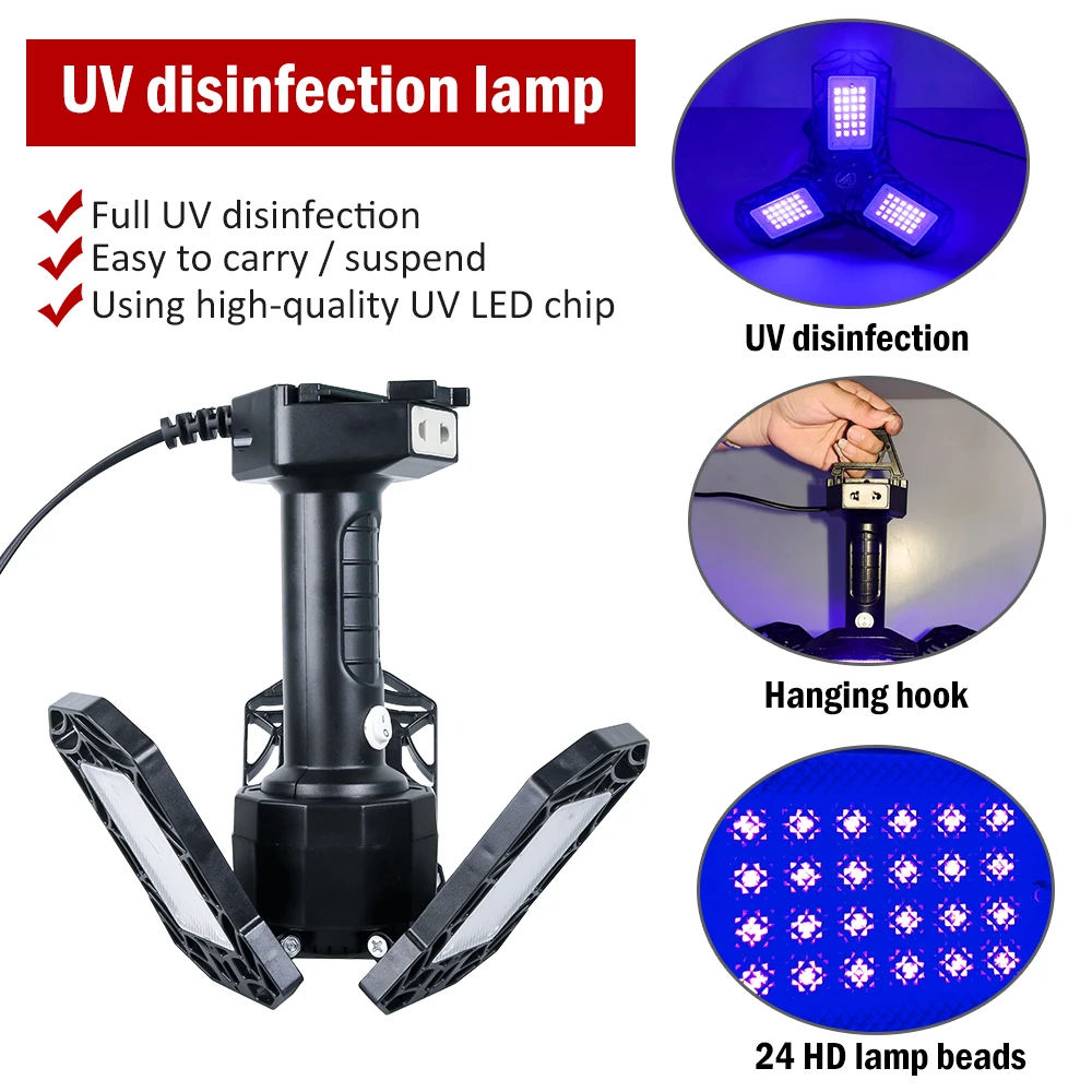 Hanging UV Germicidal Lamp Foldable Adjustable Led UVC Sterilizing US/EU Plug Indoor Warehouse Outdoor Garage Purple Lights | Лампы и
