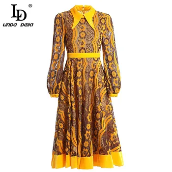 

LD LINDA DELLA Spring Fashion Designer Velvet Dress Women's Long Sleeve empire waist Flowers Lace patchwork Elegant Dress