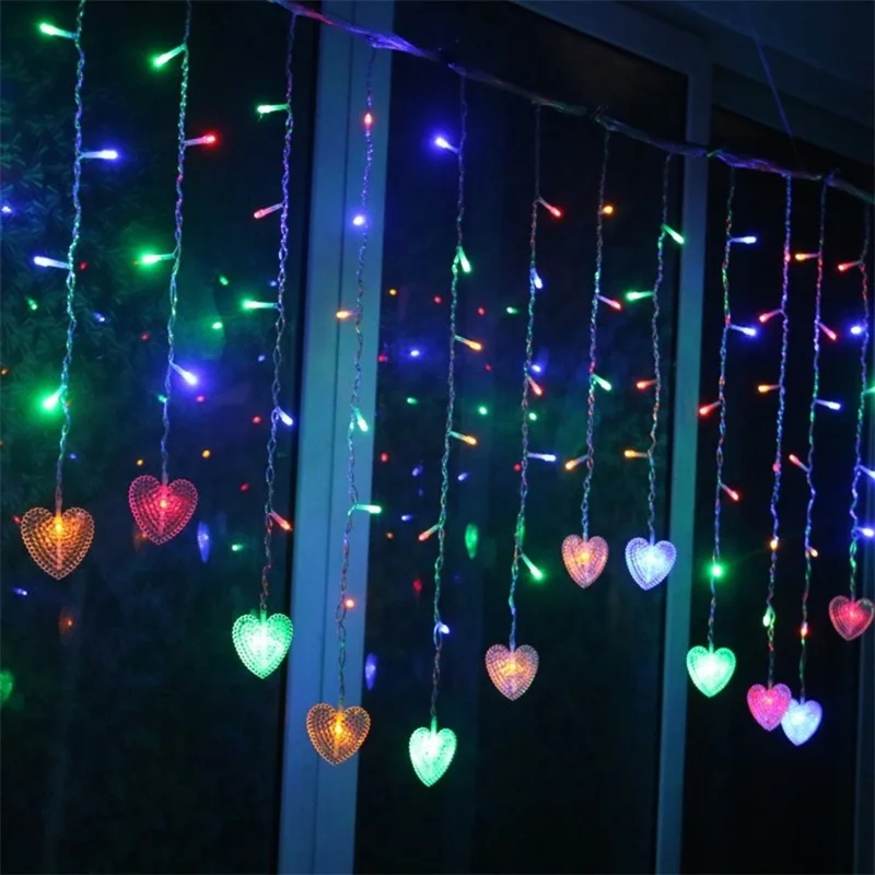 Christmas LED Heart Curtain Lights Icicle Fairy Garland String Lights for Home Party Garden Holiday Xmas Decoration Romantic - Испускаемый цвет: Colorful