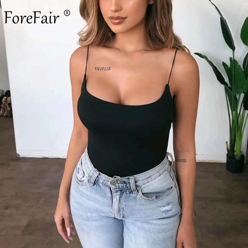 Forefair, базовое сексуальное боди с открытой спиной, бодикон, топы, лето, без рукавов, Spgahetti, ремень, белый, черный, однотонный, боди для женщин - Цвет: Black Bodysuit