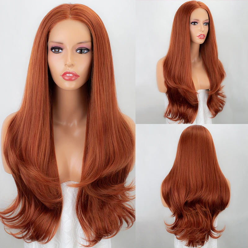 

Glissamer Copper Red Synthetic Lace Front Wigs Long Wavy Synthetic Wig High Temperature Fiber Free Part Orange Wigs