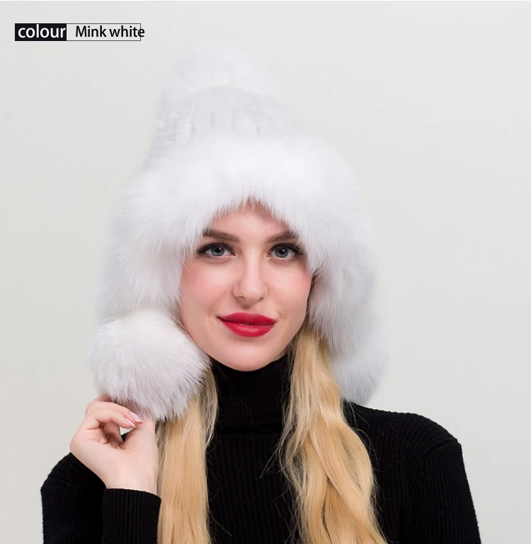 ZDFURS* женская зимняя вязаная норковая меховая шапка с ушками из лисьего меха, помпоны, шапки-ушанки, Русская Шапка-ушанка, Снежная ловушка для катания на лыжах