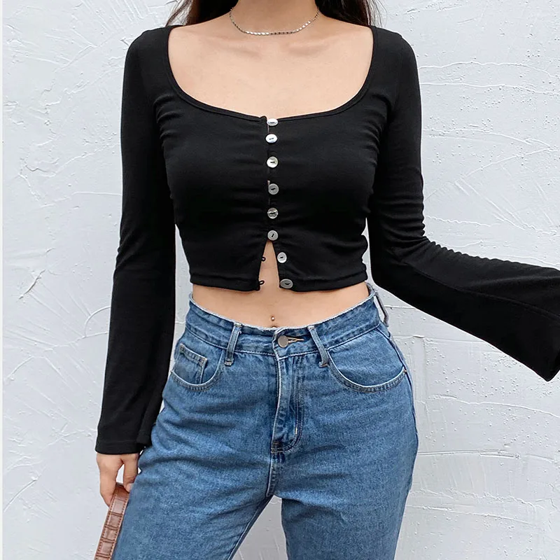 IAMSURE 2020 Autumn Solid Black Basic Long Sleeve Women Casual Cardigan Blouses Square Collar Fitness Female Cropped Shirt