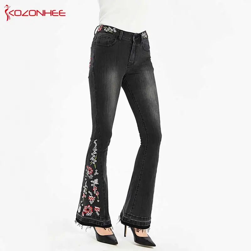 Вышитые расклешенные джинсы с высокой талией, женские эластичные Стрейчевые широкие джинсы, Большой размер#01