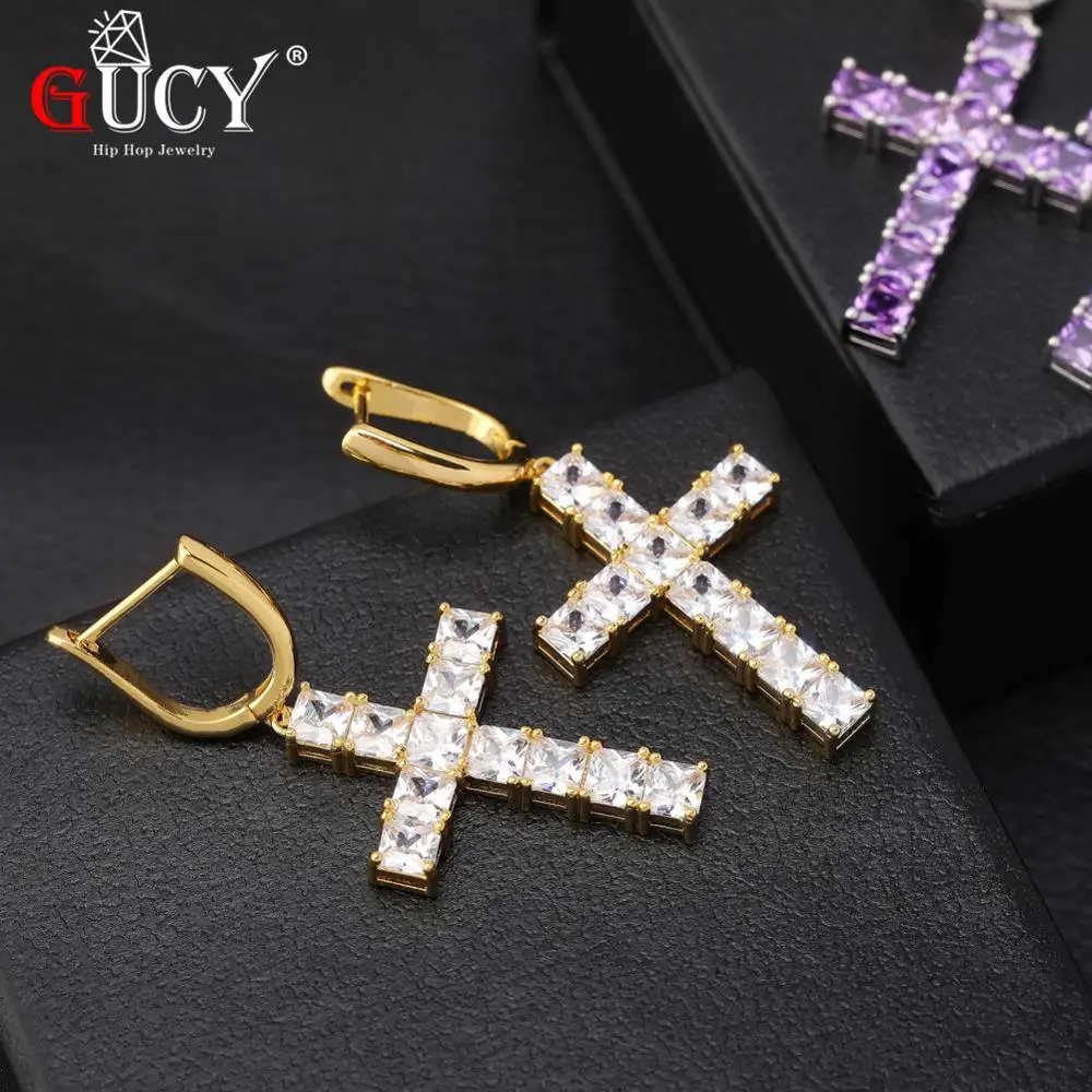 

GUCY Iced Zircon Ankh Cross Earring Gold Silver Color Micro Paved AAA Bling CZ Stone Earrings For Man Women Hip Hop Jewelry