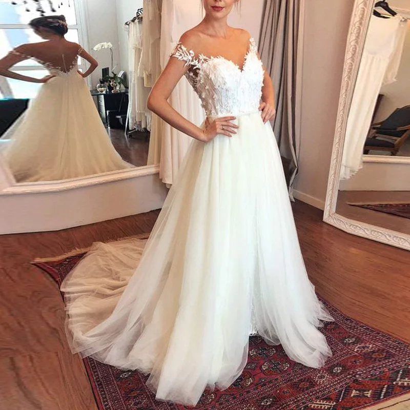 V Neck Wedding Bridal Dresses Applique Open Back Sleeveless A Line Backless Maxi Dress White Mesh Chiffon Vestido De Noiva | Женская