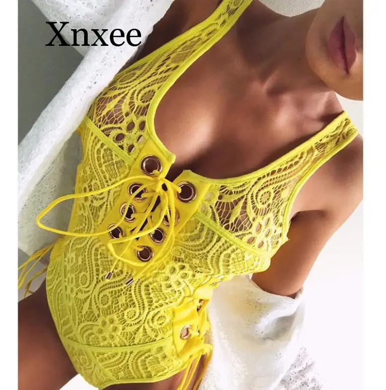 

2020 Solid Lace Bandage One Pieces Swimsuit Lace Up Hollow Strap Swimwear Women Swimsuit Swim Suit Beachwear