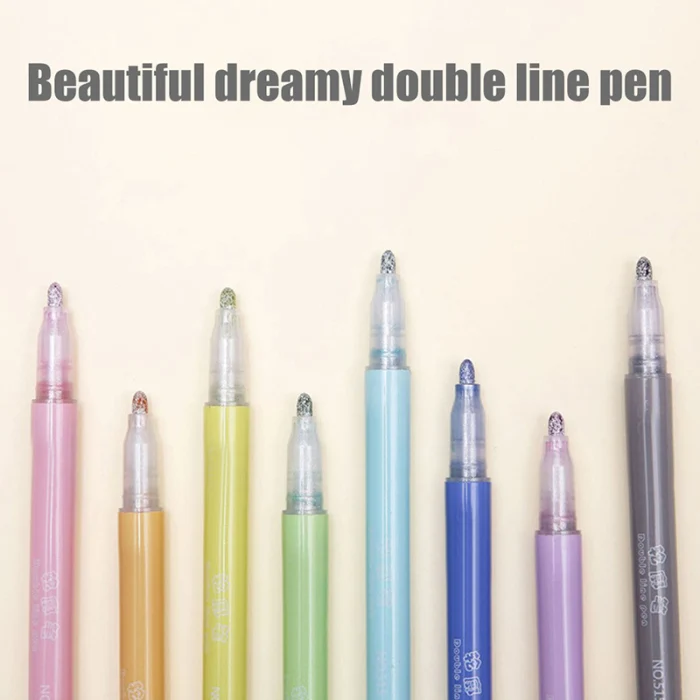 New Card Writing Drawing Double Line Outline Pen Highlighter Marker Pen 8 Color for School Office NE
