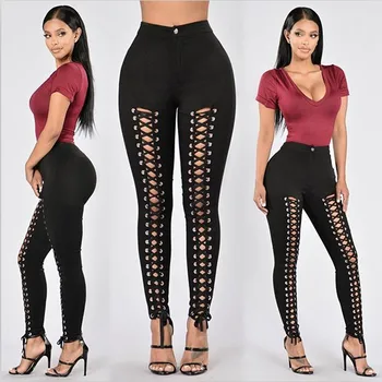 

NCLAGEN Sexy Double Eyelet Bandage Hollow Out Skinny Leggings Women Streetwear Black Pencil Pantalons Active High Waist Legging