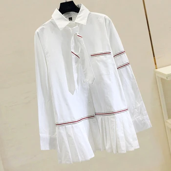 

2019 New Spring Autumn Striped Diamond Medium-long Long Sleeve Shirts for Women Ruffles Pleated Turn Down Collar White Blouses