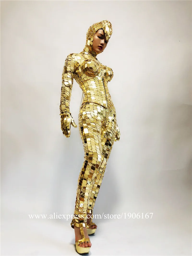 Sexy gold mirror costumes robot women suit dj perform wears mirror bodysuit singer jumpsuit mirror clothe party outfit disco01