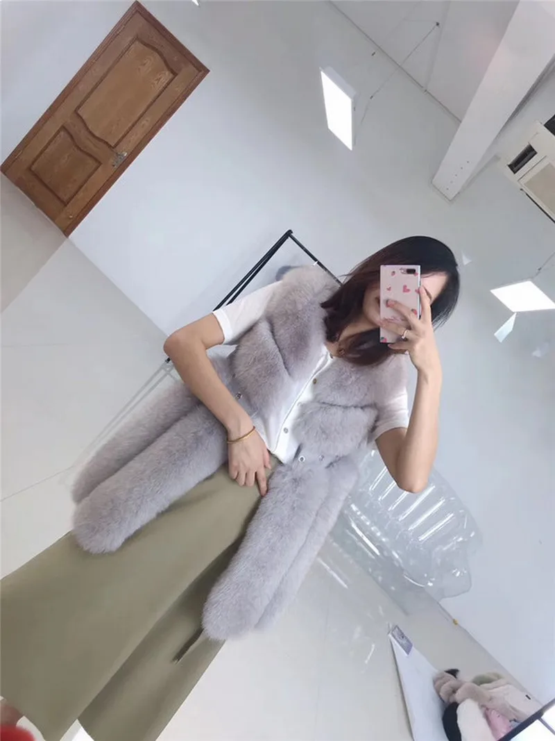 FXFURS жилет из натурального Лисьего меха Длинный жилет из натурального Лисьего меха Зимний жилет с заклепками из натуральной кожи европейские женские куртки - Цвет: light grey