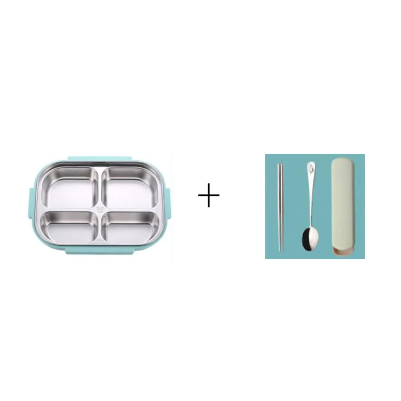 4 green-flatware Ланч-бокс 304 из нержавеющей стали, Ланч-бокс для детей, серый набор сумок, Bento box, герметичная Термосумка для контейнеров с едой в японском стиле - Цвет: 4 green-flatware