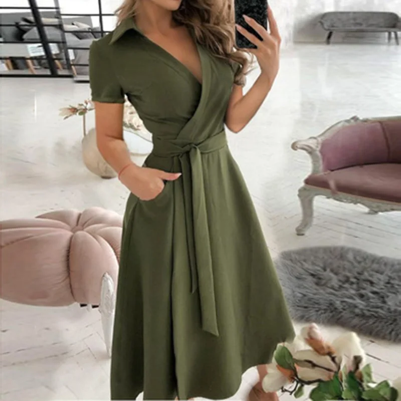 Elegant Short Sleeve Casual V-neck Letter Print Pocket Dresses