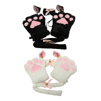 

2 Set Warm Gloves Women Girls Cute Kitten Cat Maid Cosplay Plush Claw Roleplay Anime Costume Gloves Paw Ear Tail Tie Party