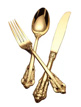 

Vintage Western Gold Plated Relief Cutlery Dining Knives Forks Teaspoon Set Golden Luxury Dinnerware Tableware Set BB50CJ