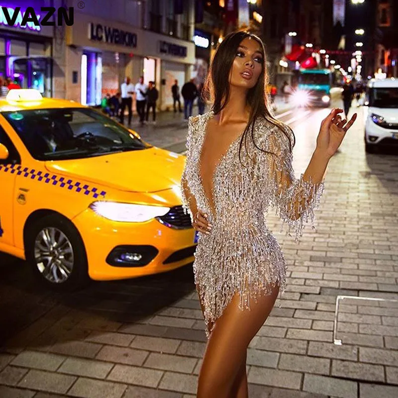

VAZN 2020 Spring New Solid Tassel Sweety Sexy Women lace Mini Dress Lady V-Neck SleeveLess High Street Bodycon Dress