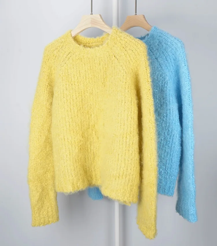 women thick wool sweater round neck high slit pullovers fresh yellow and light blue fashion jumper knit top | Женская одежда