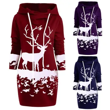 

Christmas Women Elk Printed Long Sleeve Drawstring Hooded Sweatshirt Mini Dress