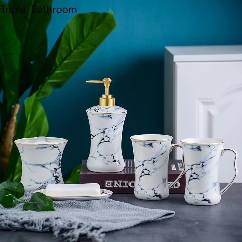 

Nordic Ceramics Marble Stripes Wash Set Liquid Soap Bottle Soap Dish Mouth Cup Toothbrush Holder Bathroom Five Piece Set